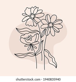 Chamomiles in a linear style.Vintage illustration on a pastel background.Flat design.Simple Hand drawn illustration.Minimalistic elegant concept.