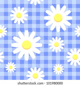 Chamomiles on blue checkered background, seamless pattern