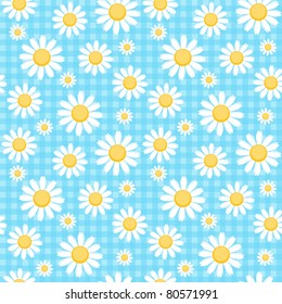 Chamomiles on blue checkered background