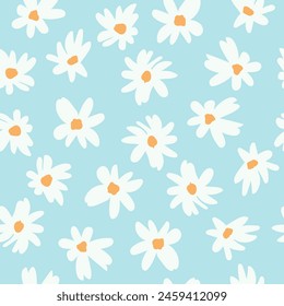 Chamomiles on blue seamless pattern. Spring, summer blossom background. Daisy flower wallpaper, floral motif for digital paper, wrapping, textile, fabric, kids dress, clothing, children apparel