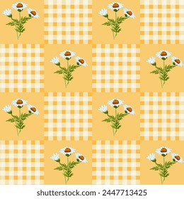 Chamomiles on a yellow background.Vector seamless pattern with daisies on a yellow checkered background.