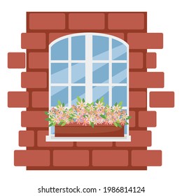 Chamomiles in a pot on a white box, brick wall, vector illustration in flat style, cartoon, isolated.