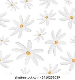 Chamomiles seamless pattern. 3d flowers buds in plastic style. Plasticine plant. Clay daisy garden. Vector illustration on white background.
