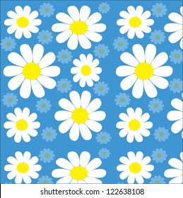 Chamomiles seamless texture on blue background