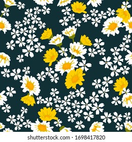 Chamomiles and wildflowers. Seamless floral print. Template for scarves, dresses, cards, gift wrapping. Vintage textile collection.