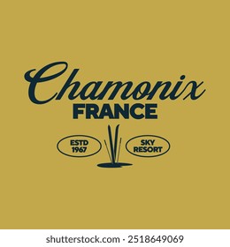 Logo de la estación de esquí de Chamonix, Francia. Estampado de Antiguas para camiseta. Diseño Hipster de moda. Ilustración vectorial