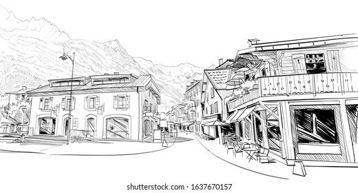 Chamonix Mont Blanc. France. Hand drawn sketch. Vector illustration.