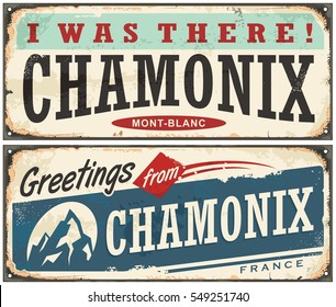 Chamonix Mont Blanc retro souvenir sign idea from one of the most popular winter holiday destinations. Vintage vector illustration.