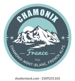 Sello de Chamonix Mont Blanc, resort en los Alpes franceses, Mont Blanc, emblema con picos nevados, Vector