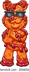 Chamoy sauce covered gummy bear wearing sunglases. Vector clip art illustration with simple gradients. All on a single layer. 
