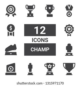 champ icon set. Collection of 12 filled champ icons included Trophy, Award, Medal