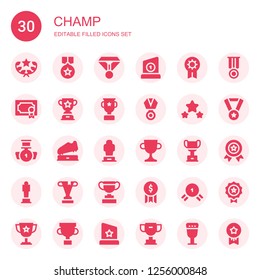 champ icon set. Collection of 30 filled champ icons included Award, Medal, Trophy, Prize, Goblet, Medals