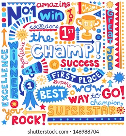 The Champ Success Word Doodles- Sports Trophy Winner Notebook Doodles-  Illustration Hand-Drawn Lettering Design Elements Set