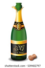 Champagne 2017. Uncorked a bottle of champagne with the inscription on the label - Happy New Year 2017. Vector illustration isolated on white background