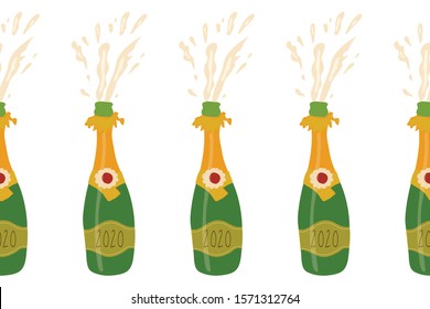 Champagne 2020 bottles seamless vector border. Repeating party background with exploding sparkling bottles. Party banner. Use for elegant, exclusive party invitation, cards, poster