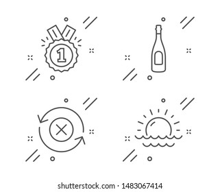 Champagne, Approved and Reject refresh line icons set. Sunset sign. Celebration drink, Winner badge, Update rejection. Sunny weather. Business set. Line champagne outline icon. Vector
