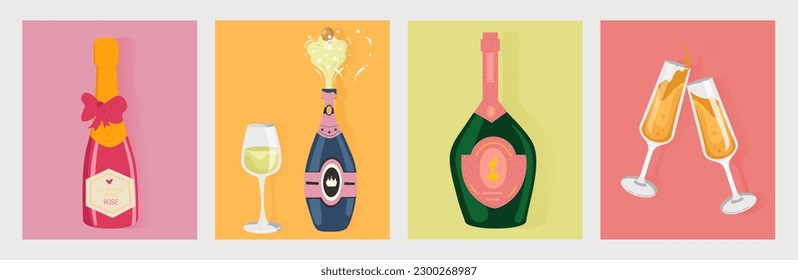 Pancartas de champán puestas. Colección de botellas con bebida alcohólica. Festividades y festivales. Líquido y bebida sabrosa. Lujo y riqueza. Ilustraciones de vectores planos de dibujos animados aisladas en fondo gris