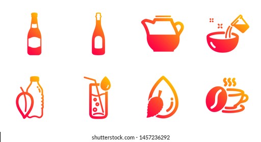 Champagne, Beer bottle and Water glass line icons set. Water drop, Milk jug and Coffee cup signs. Celebration drink, Brewery. Food and drink set. Gradient champagne icons set. Vector