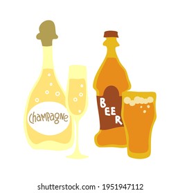 Champagne and beer bottle and wineglass on white background. Cartoon sketch graphic design. Doodle style. Hand drawn image. Party drinks concept. Freehand drawing style. Vector.
