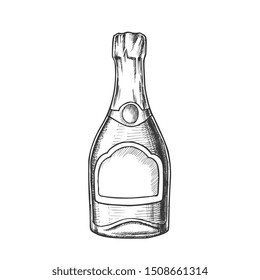 Champagne Blank Bottle Alcohol Monochrome Vector. Sparkling Winery Alcoholic Champagne. Luxury Bubbly Beverage Engraving Template Hand Drawn In Vintage Style Black And White Illustration