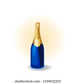 Champagne in a blue bottle with a gold top. Vector illustration.