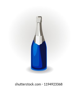 Champagne in a blue bottle with a silver top. Vector illustration.