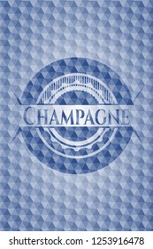 Champagne blue emblem or badge with abstract geometric pattern background.