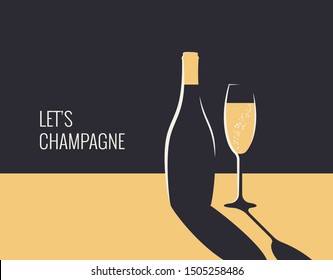 Champagne bottle banner. Glass of champagne on gold and black background