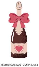 Champagne bottle with bow in flat cartoon style. Alcoholic drink in bottle isolated on white background. Valentine's day vector illustration for cards, stickers, banners, etc.