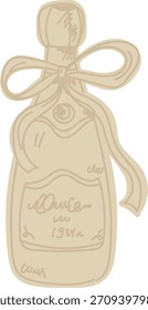 Botella de champán con lazo, líneas dibujadas a mano y sombreado suave. Vaso de vino espumoso, cinta de envoltura de regalo, trazos de contorno sueltos, detalle de etiqueta vintage. Ilustración vectorial de dibujos animados