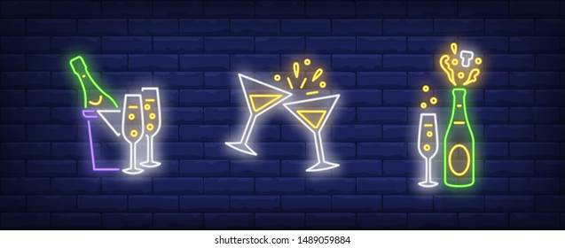 Champagne bottle in bucket, clinking glasses neon signs set. Celebration, holiday party design. Night bright neon sign, colorful billboard, light banner. Vector illustration in neon style.