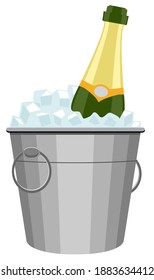 Champagne bottle in a bucket with ice on the white background. Vector hand drawn restaurant stuff Illustration. Detailed ice bucket with champagne image.