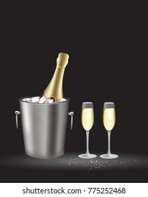 Champagne bottle in bucket on the dark background with two glasses