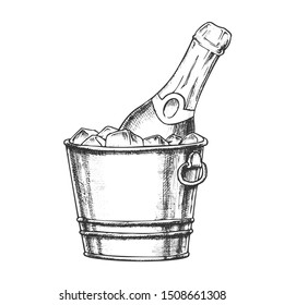 Champagne Bottle In Bucketful With Ice Ink Vector. Cold Sparkling Winery Alcoholic Champagne In Pail. Luxury Bubbly Beverage Engraving Template Hand Drawn In Vintage Style Black And White Illustration