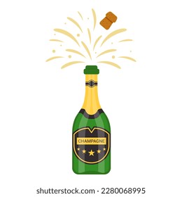 Champagne bottle burst and splash. Vector illustration.