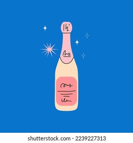 Champagne bottle card. Cartoon modern pink wine. Doodle drawing contemporary card or poster. Alcoholic drink for celebration new year, wedding and birthday. Festive party beverage, vector isolated set