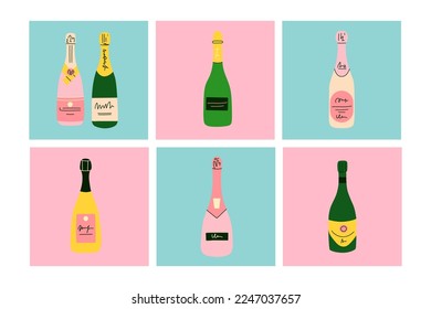 Champagne bottle card set. Cartoon modern pink wine. Doodle drawing contemporary square poster. Alcoholic drink for celebration new year, wedding and birthday. Party beverage, vector isolated set