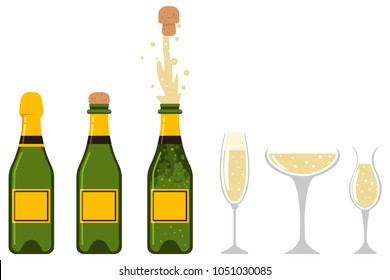 Champagne bottle is closed, open, an explosion of cork and glasses of different shapes. Vector flat icons set of party and holiday designs isolated on white background.