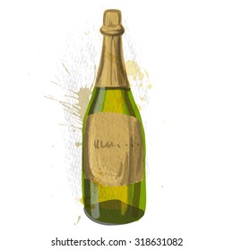 champagne bottle, colored vector illustration with paint stains