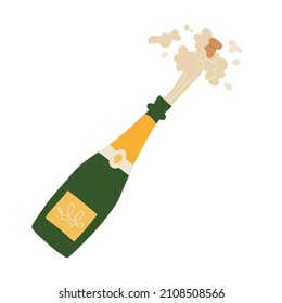 Champagne bottle cork explosion. Vector flat illustration of sparkling wine isolated on white background.