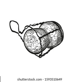 Champagne bottle cork. Ink sketch isolated on white background. Hand drawn vector illustration. Retro style.