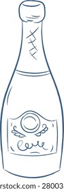 Champagne bottle with cork and label in loose contour lines, sketched with textured strokes. Symbol of celebration, toast, luxury, party, and milestone. Cartoon vector illustration.
