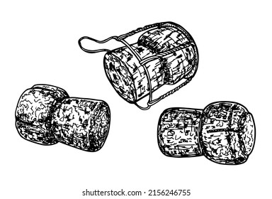 Champagne bottle cork sketch. Cork stoppers isolated on white background. Hand drawn vector illustration. Retro style. Wine bottle plug made of cork tree. Engraving style. Vector illustration