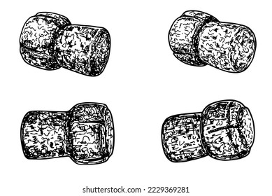 Champagne bottle cork sketch. Cork stoppers isolated on white background. Hand drawn vector illustration. Retro style. Wine bottle plug made of cork tree. Engraving style. Vector illustration