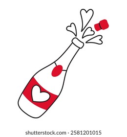 Champagne bottle with cork and splashes doodle style Hand drawn flat style love isolated icon Romantic symbol of love for design poster tattoo Valentines Day card line art Vector illustration