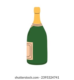 Champagne bottle. Corked champaign. Fizzy wine, French alcohol. Closed alcoholic beverage. Sparkling champer. Flat graphic vector illustration isolated on white background