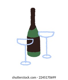 Champagne bottle and coupe glasses. Champaign wine and two wineglasses, stemmed saucers composition. Alcohol drink, modern glassware, stemware. Flat vector illustration isolated on white background