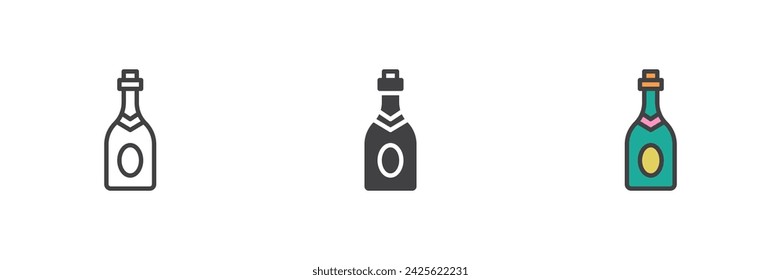 Botella de champán de estilo diferente conjunto de iconos. Línea, glifo y contorno relleno versión colorida, contorno y signo de vector relleno. Símbolo, ilustración del logotipo. Gráficos vectoriales