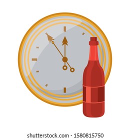 champagne bottle drink with time clock vector illustration design