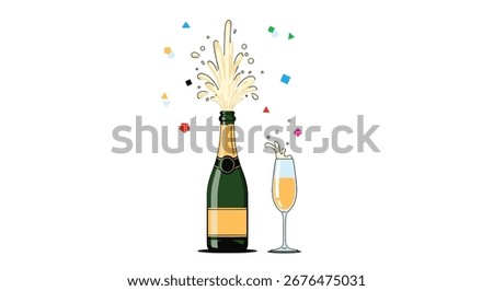 Champagne bottle explodes bubbles confetti celebrations sparkling wine glass cheers